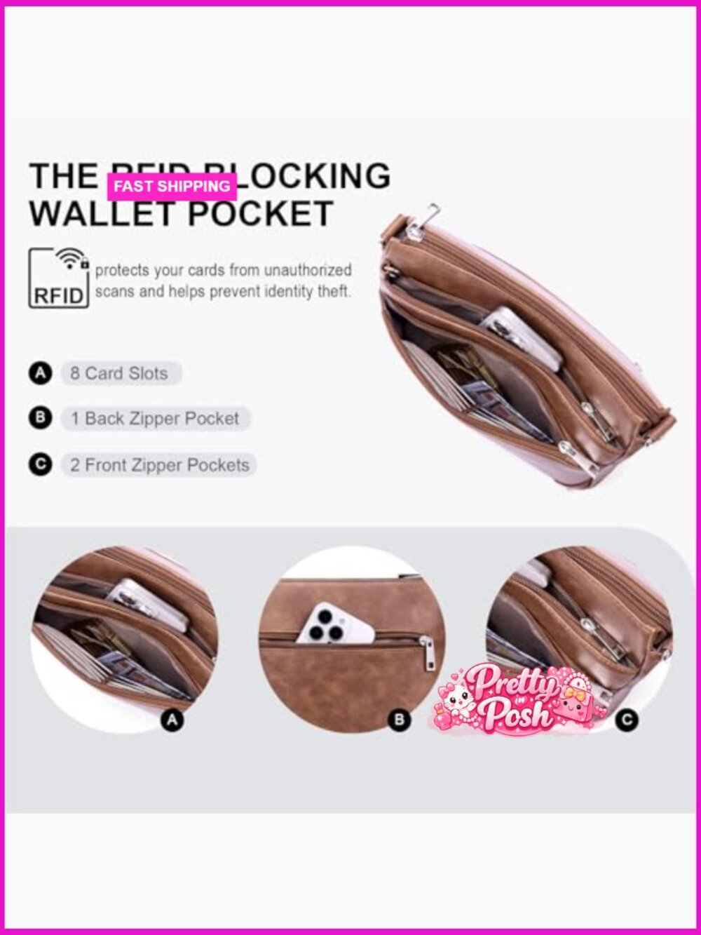 PU Leather Crossbody Bag with Adjustable Strap, RFID Protection - Picture 4 of 7